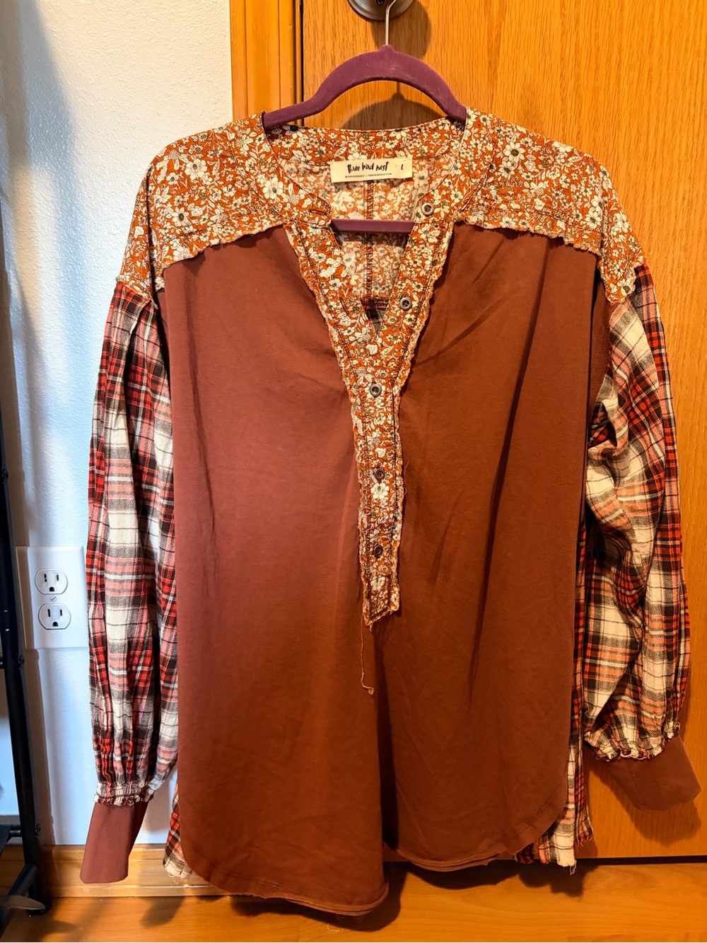 Three Bird Nest Brown Patchwork Boho Blouse with Plaid Sleeves